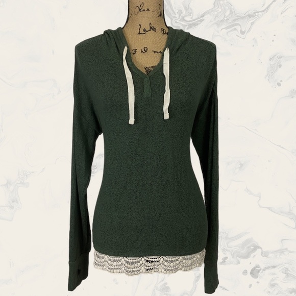 Hippie Rose Tops - HIPPIE ROSE Olive Green Pullover Hoodie Crochet Lace Hem M Boho spring